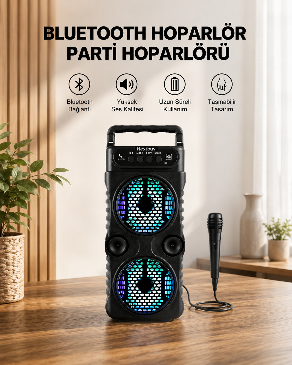 LED Işıklı Bluetoothlu Hoparlör Mikrofonlu Taşınabilir Ses Sistemi