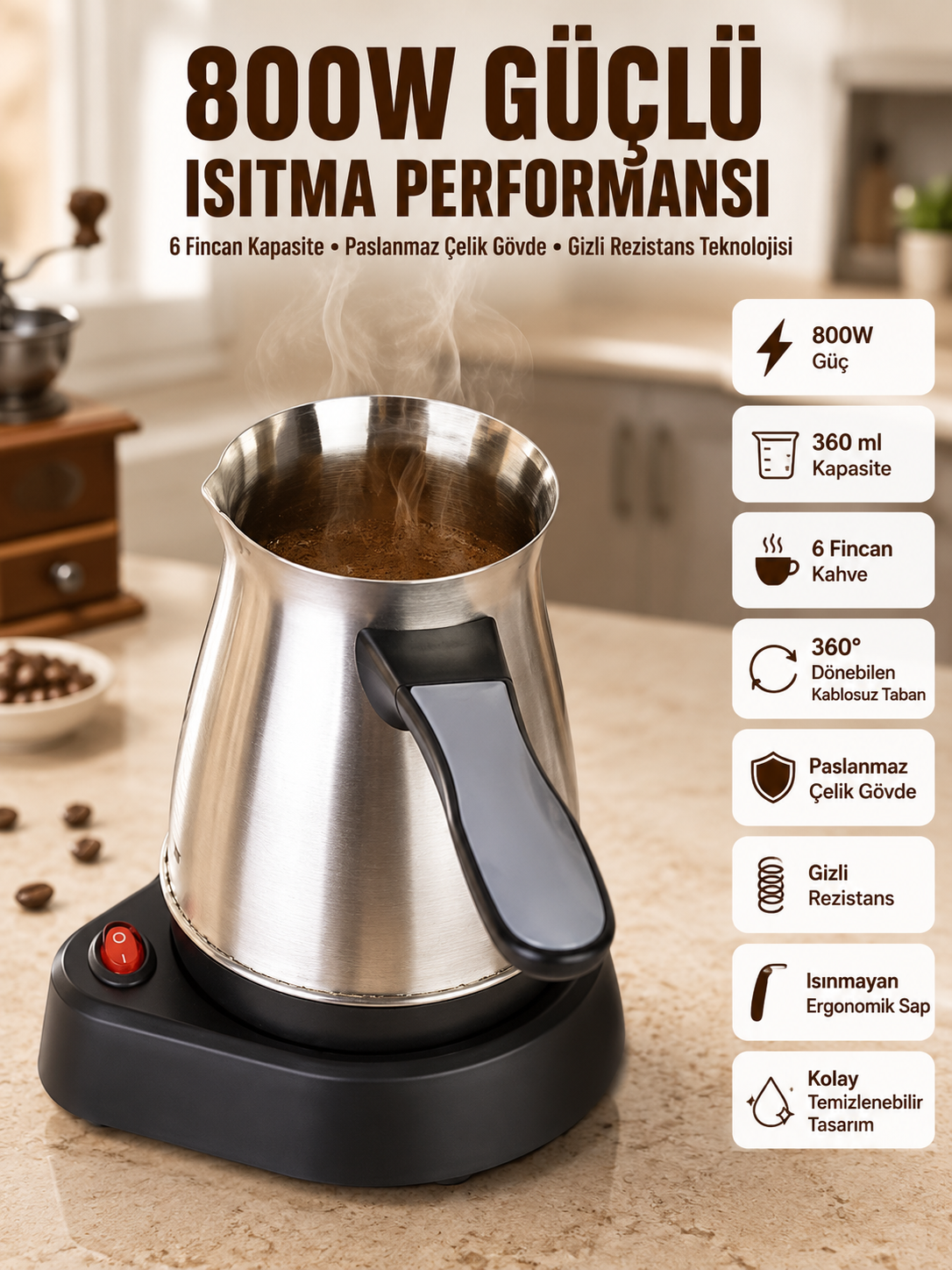 Yeni Nesil Türk Kahve Makinesi Cezvesi Siyah Gri Kablolu Pratik