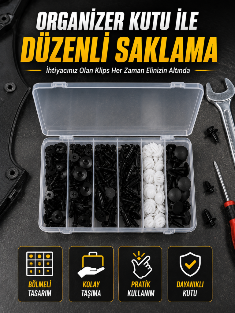 Profesyonel Oto Klips Tamir Seti 6 Farklı Model Plastik Sabitleme Pimi Organizer Kutulu