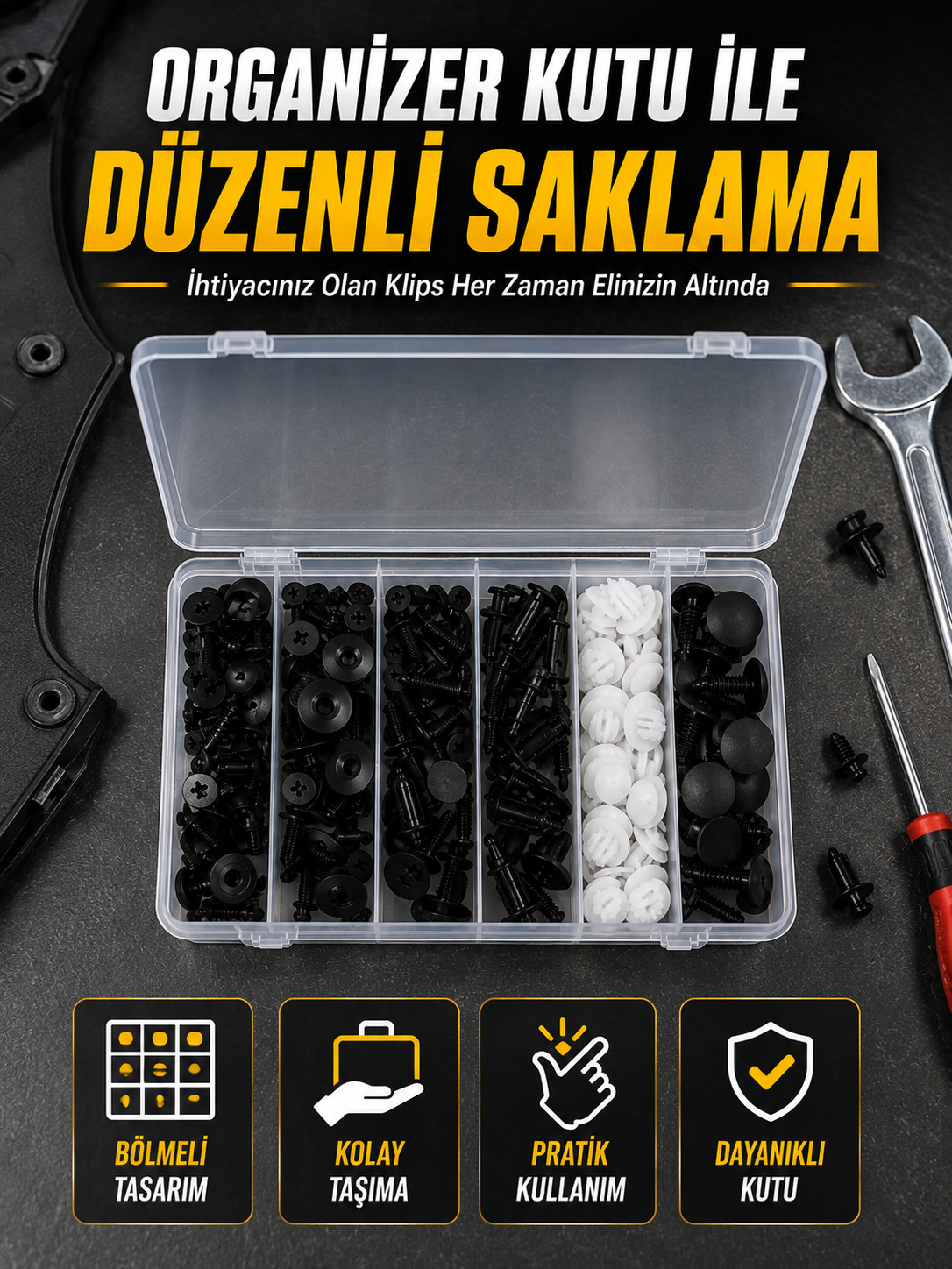 Profesyonel Oto Klips Tamir Seti 6 Farklı Model Plastik Sabitleme Pimi Organizer Kutulu