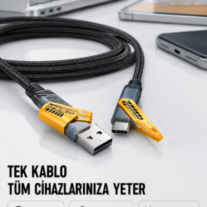 Örgülü Tasarım 4’ü 1 Arada USB-C Lightning Hızlı Şarj Kablosu