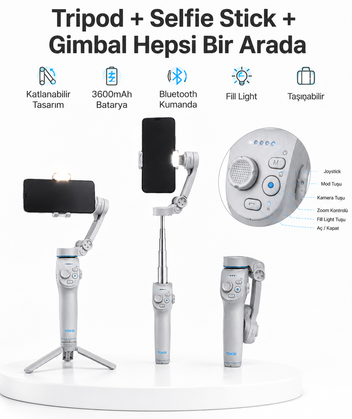 3 Eksen Telefon Gimbal Stabilizer Yapay Zeka Takipli Katlanabilir Dahili Dolgu Işıklı Video Sabitleyici