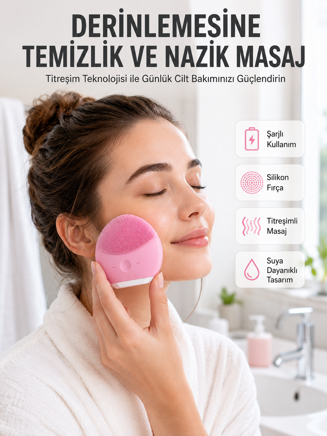 Hassas Ciltlere Özel Titreşimli Yüz Temizleme ve Masaj Aleti