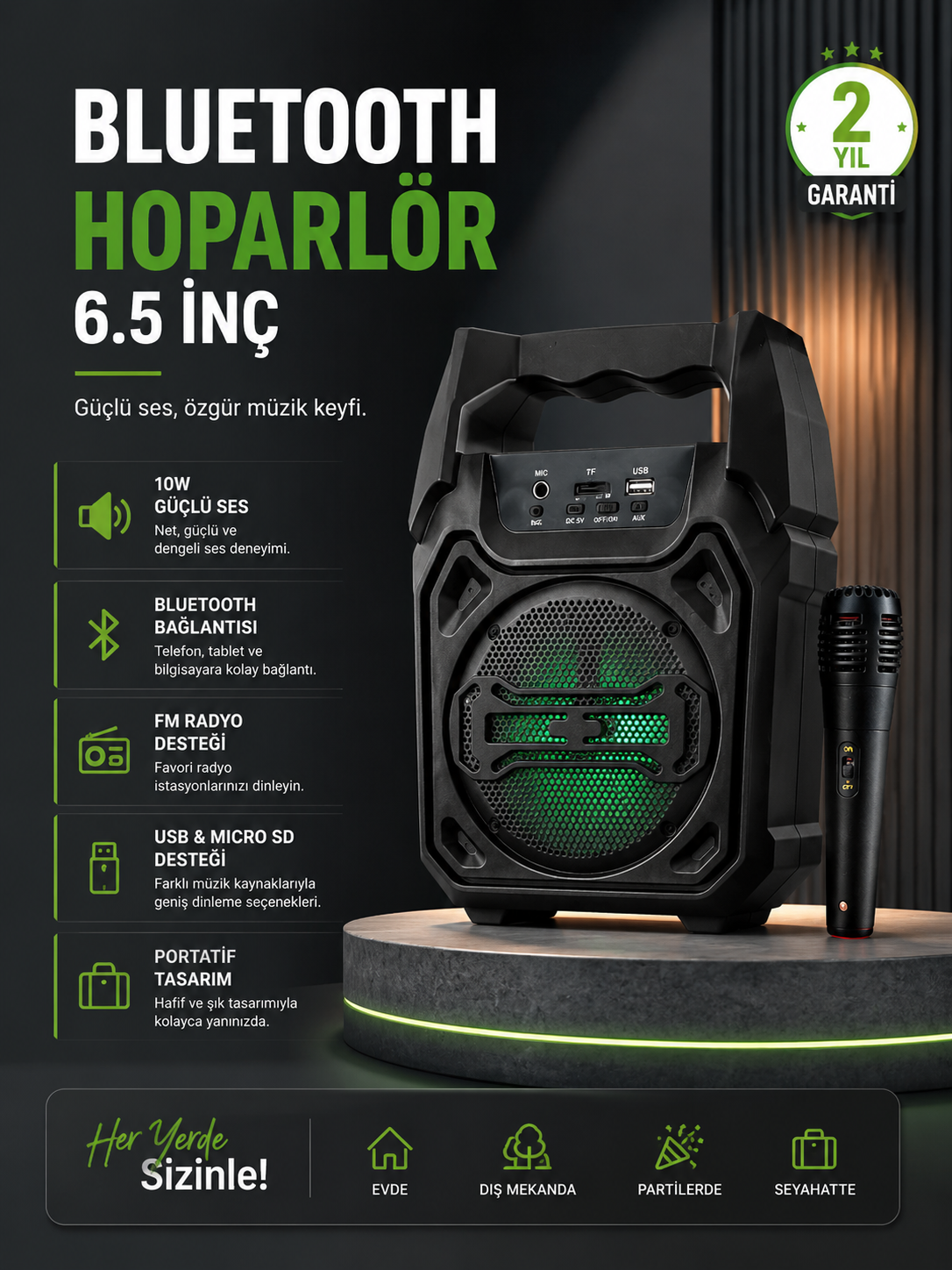 10W Güçlü Ses Performanslı Bluetooth Karaoke Hoparlörü