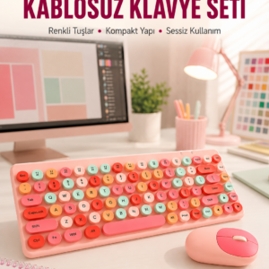 Renkli Retro Tuş Takımlı Klavye – 3 Cihaz Bağlantısı, Medya Kısayol Tuşları Yeni Nesil