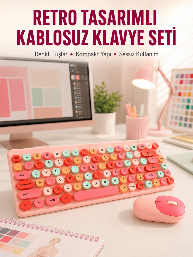 Renkli Retro Tuş Takımlı Klavye – 3 Cihaz Bağlantısı, Medya Kısayol Tuşları Yeni Nesil