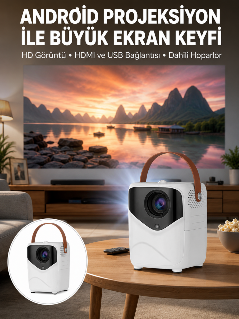 HD Ayaklı Portatif Projeksiyon Cihazı Bluetooth Wifi Akıllı Android İşlemcili Yeni Nesil
