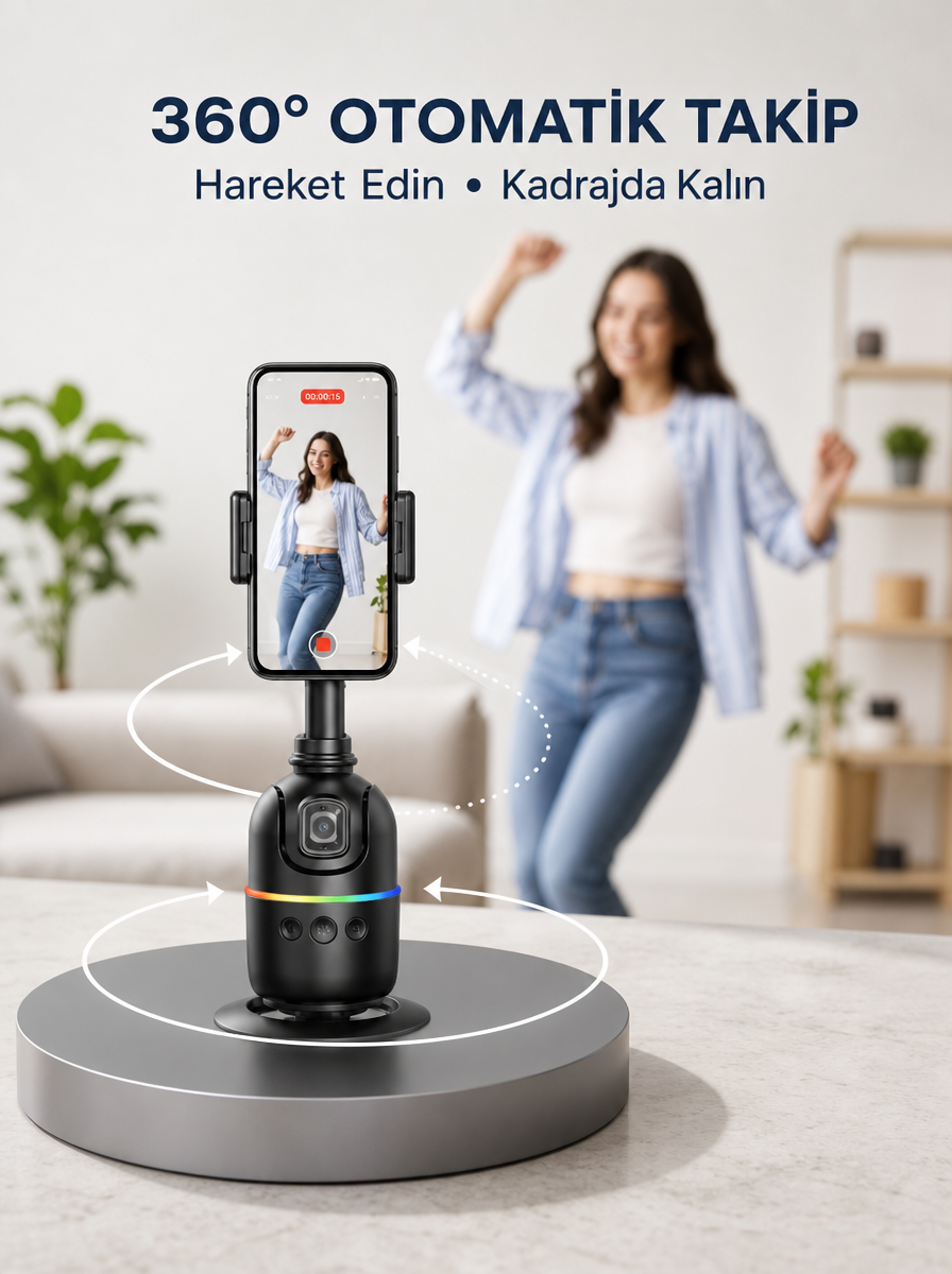 Yapay Zeka Destekli Yüz Takip Özellikli 360 Derece Dönen Masaüstü Telefon Sabitleyici Yeni Nesil