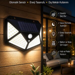 Güneş Enerjili Bahçe Aydınlatma Lambası Solar 100 Led Lamba