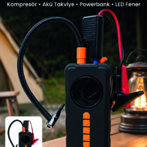 4'ü 1 Arada Akü Takviye Cihazı Dijital Lastik Şişirme Kompresörü 10000mAh Powerbank ve LED Fener