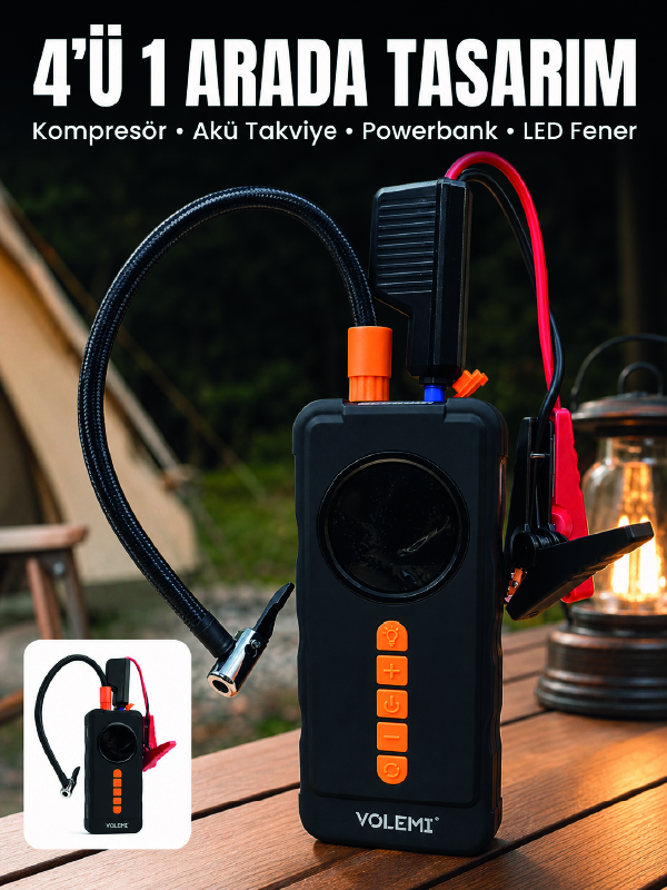 4'ü 1 Arada Akü Takviye Cihazı Dijital Lastik Şişirme Kompresörü 10000mAh Powerbank ve LED Fener