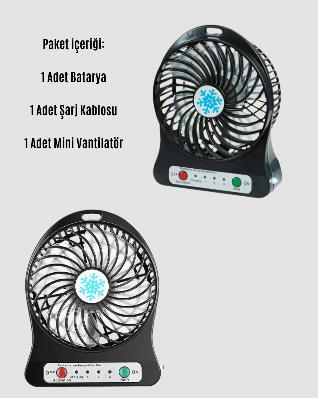 Mini USB Fan – Şarj Edilebilir, Işıklı, 3 Kademe, Taşınabilir Masaüstü Vantilatör