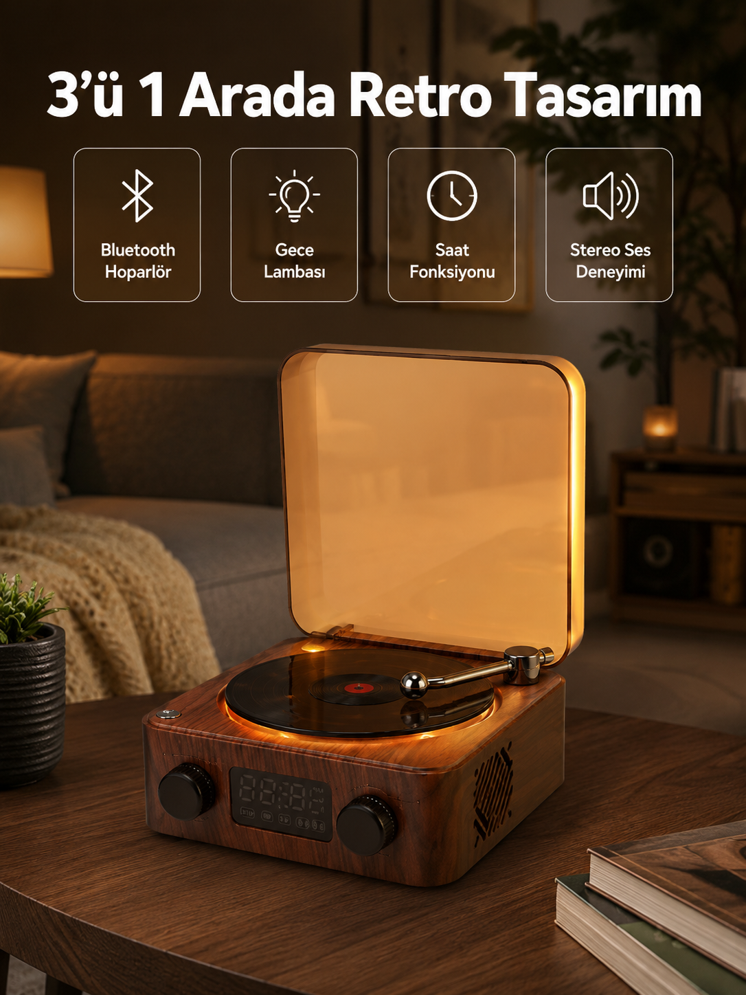 Stereo Bluetooth Hoparlör – Gece Lambalı ve Saat Göstergeli Yeni Nesil