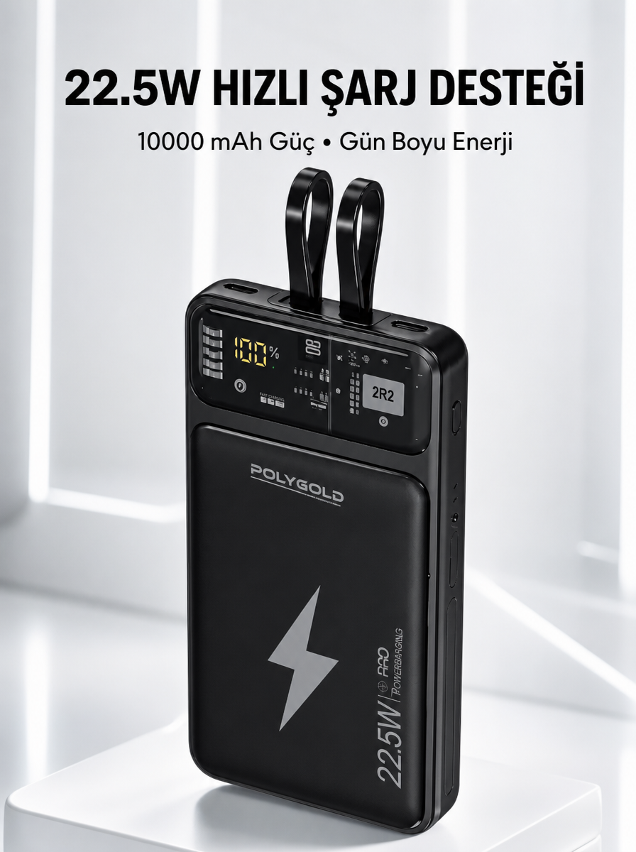 Powerbank Hızlı Şarj 10000 mAh Dahili Kablo Yeni Nesil