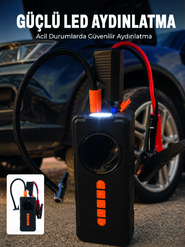 10000mAh Şarjlı Araç Kompresörü Akü Takviye Cihazı Powerbank Özellikli Dijital Lastik Şişirme Pompası