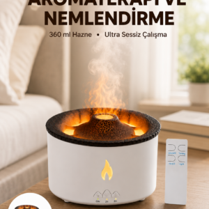 Alev Efektli Aromaterapi Difüzörü – 360 ml Su Hazneli, Sessiz ve Zaman Ayarlı Yeni Nesil