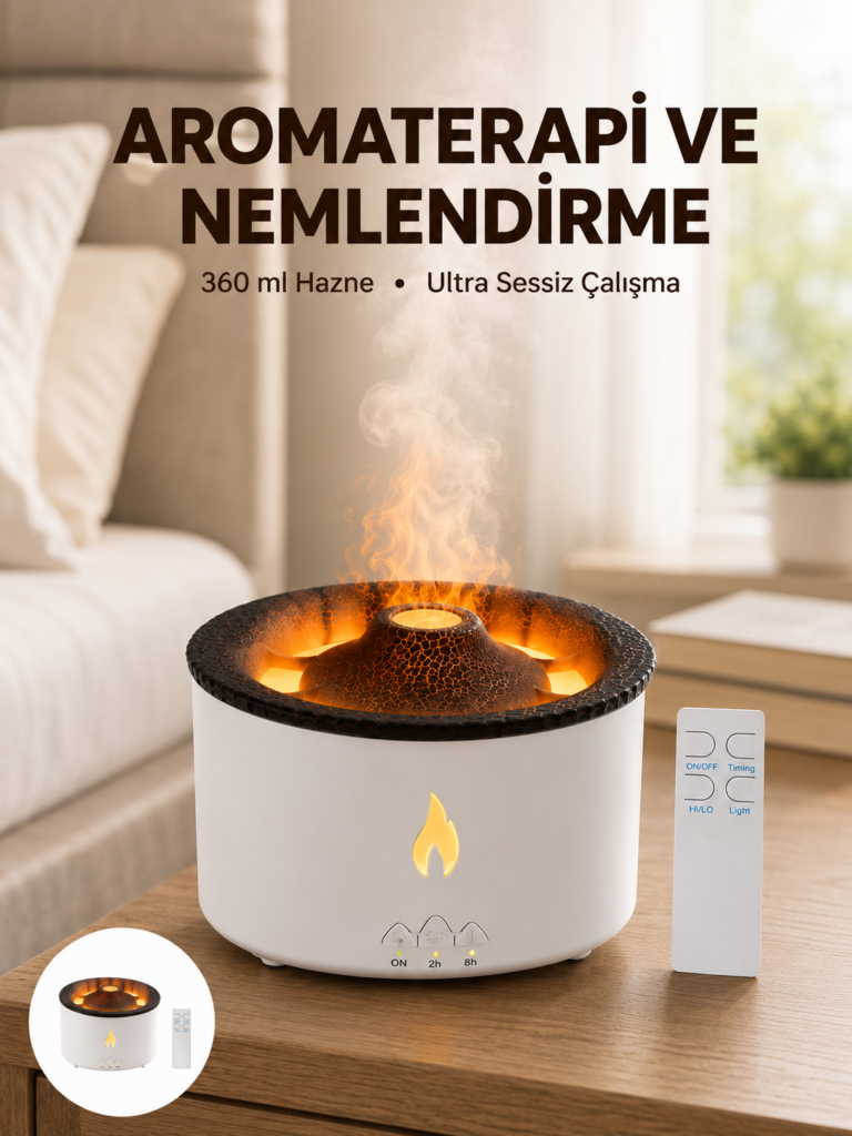 Alev Efektli Aromaterapi Difüzörü – 360 ml Su Hazneli, Sessiz ve Zaman Ayarlı Yeni Nesil