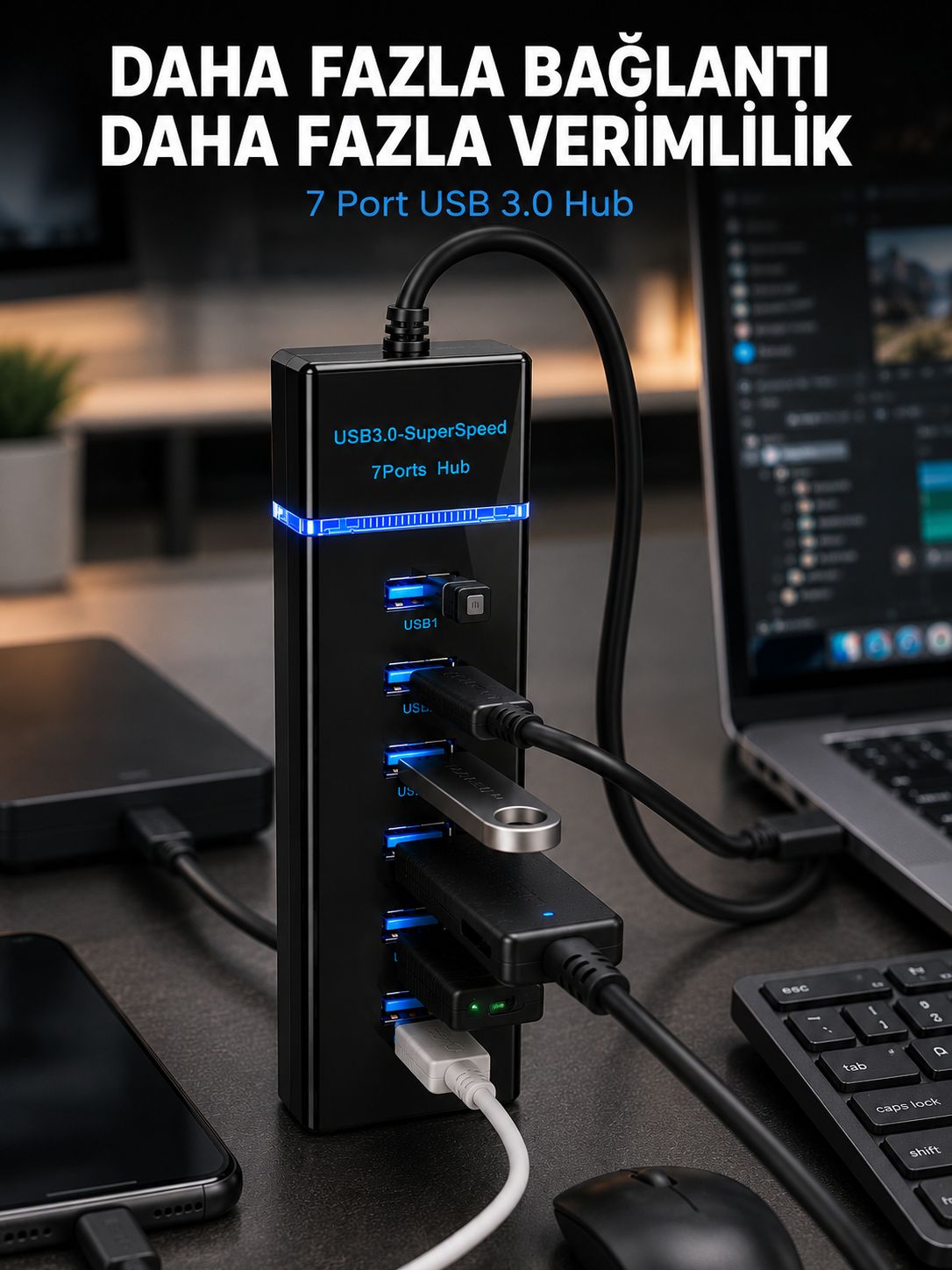 7 Port USB 3.0 Hub 5Gbps Süper Hızlı USB Çoklayıcı
