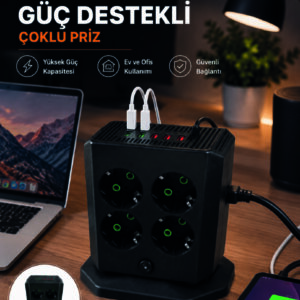 Çoklu Priz 8 Çıkışlı 4 USB 2 Type-C Anahtarlı Dikey Priz Kulesi