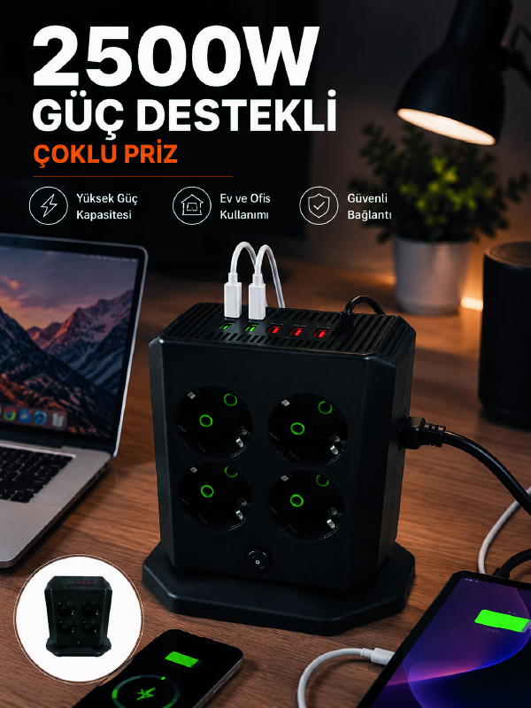 Çoklu Priz 8 Çıkışlı 4 USB 2 Type-C Anahtarlı Dikey Priz Kulesi