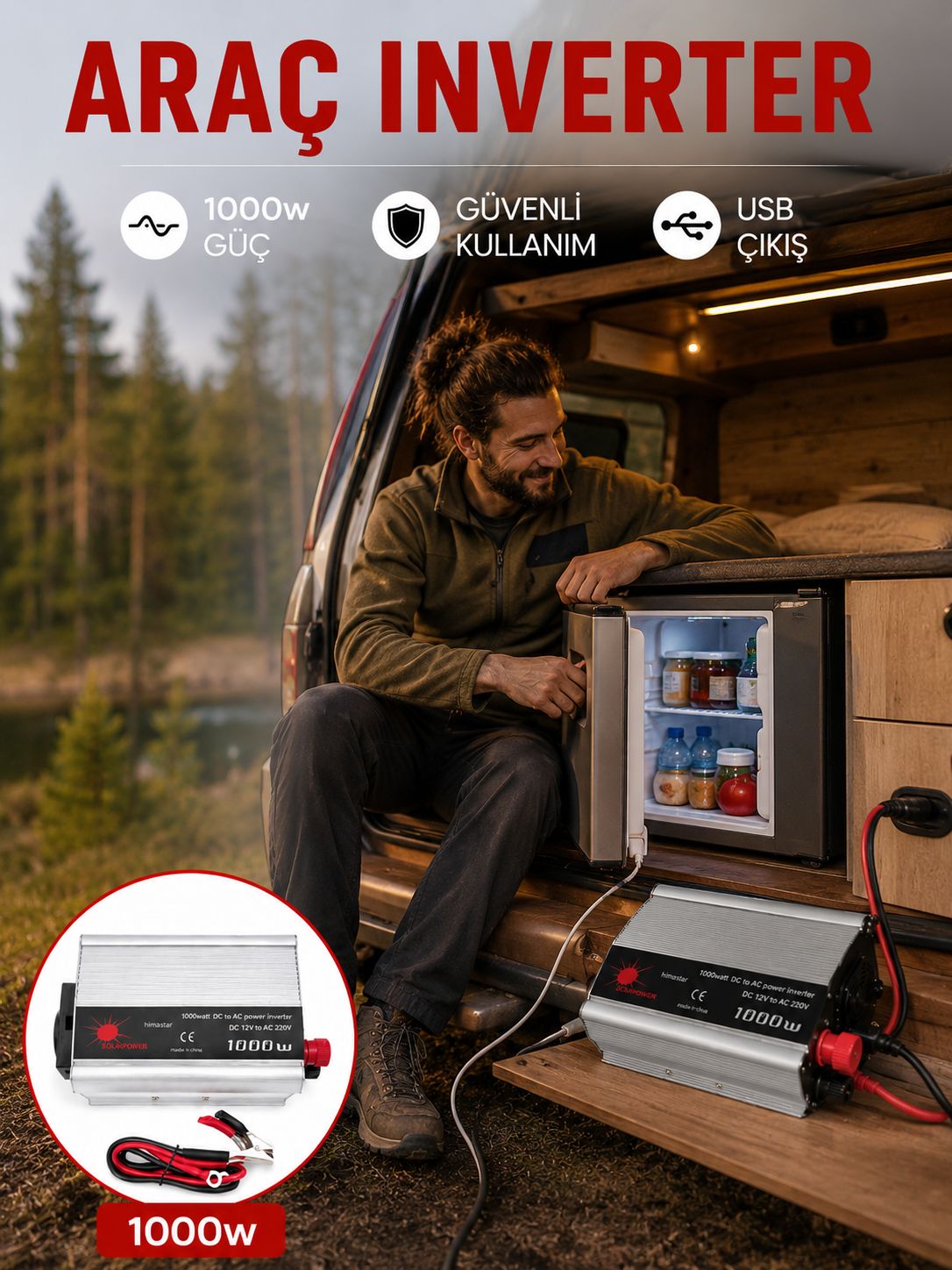 1000 Watt Oto İnvertör Elektrik Dönüştürücü Ev Tipi Priz