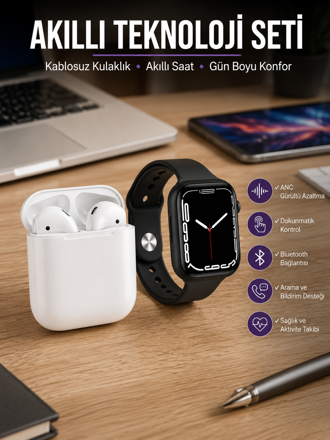 2025 Model Akıllı Saat ve 2.Nesil TWS Bluetooth Kulaklık ANC Özelliği Amoled Ekran