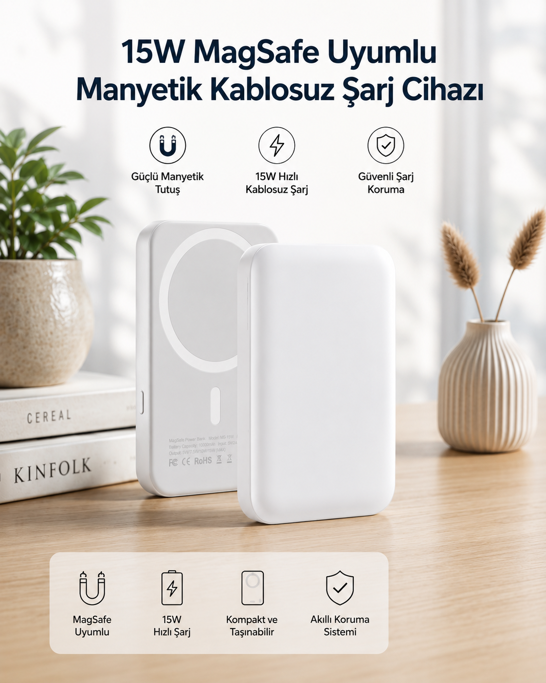 15W MagSafe Uyumlu Manyetik Kablosuz Powerbank 5000 mAh