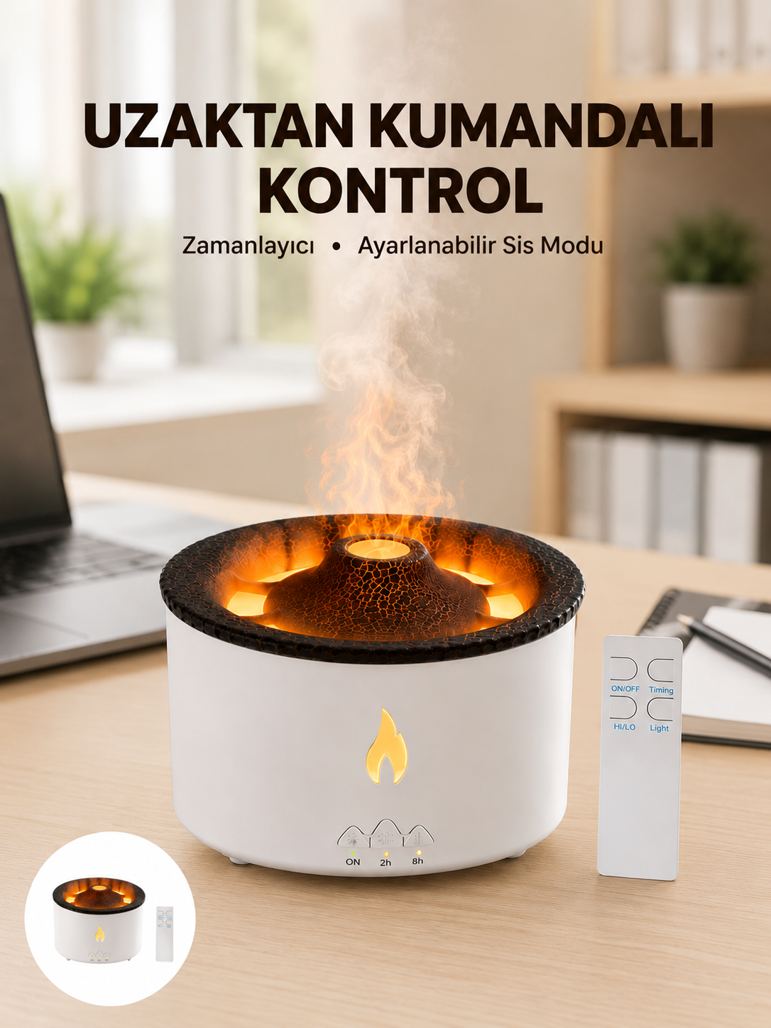Alev Efektli Buhar Makinesi – Aromaterapi, Nemlendirme ve Işık Modlu Tasarım Yeni Nesil