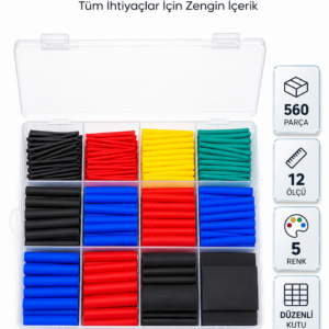 560 Parça Kablo İzolasyon Makaron Seti 12 Ölçü 5 Renk Heat Shrink Tube Organizer Kutulu