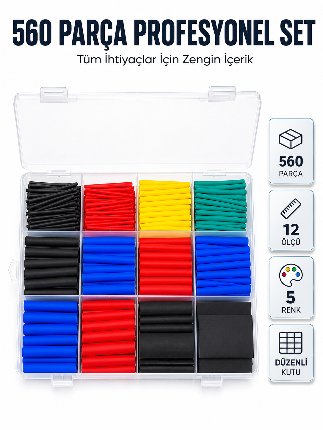 560 Parça Kablo İzolasyon Makaron Seti 12 Ölçü 5 Renk Heat Shrink Tube Organizer Kutulu