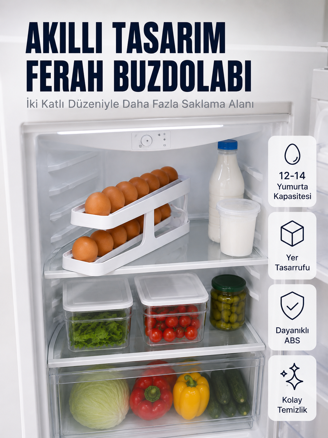 Buzdolabı Yumurta Düzenleyici İki Katlı Kayar Raylı Yumurta Organizeri