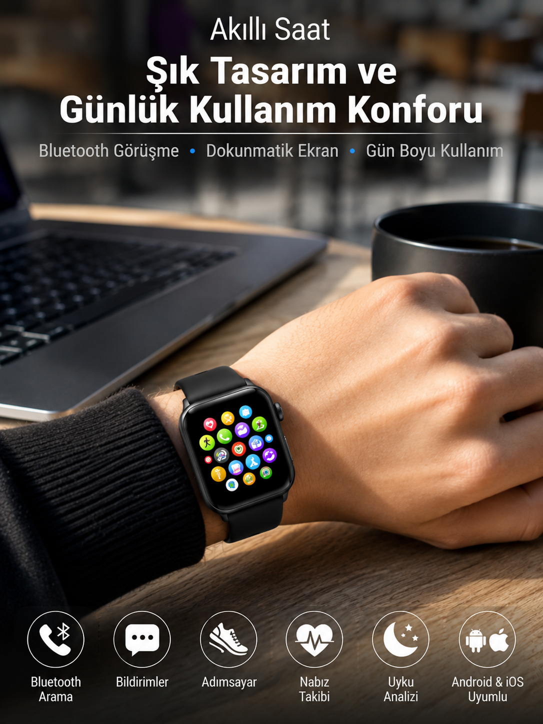 Bluetooth Arama, Akıllı Bildirimler ve Günlük Sağlık Takibi Sunan Şık Tasarımlı Akıllı Saat