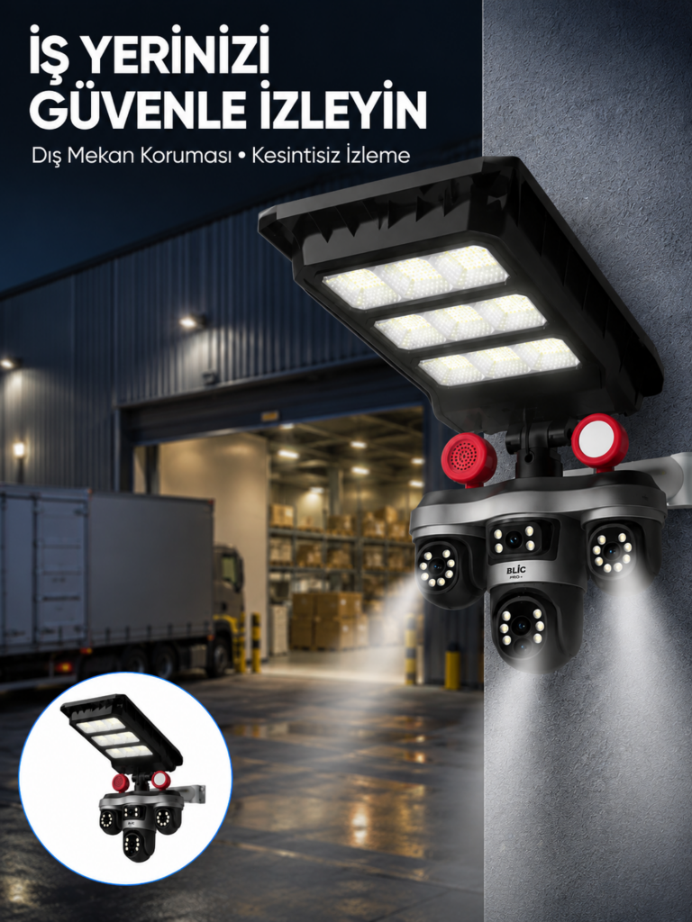 Solar Panelli 3 Lens Dış Mekan Güvenlik Kamerası Hareket Algılamalı LED Aydınlatmalı