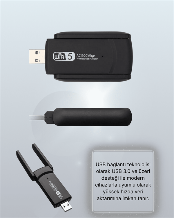 Tak-Çalıştır Özellikli Çift Bant WiFi Adaptör – 1200 Mbps