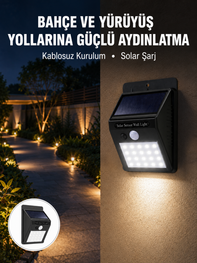 Kablosuz Solar LED Lamba | Bahçe, Veranda, Merdiven Işığı, Otomatik Aç-Kapa Sensörlü Yeni Nesil