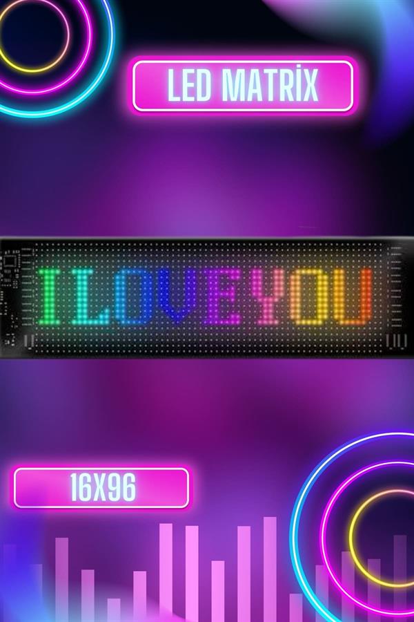 Led Matrix Bluetooth Bağlantılı Araç Camına Uygun Pixsel Görünümlü 16X96 pixel