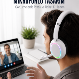 Bluetooth 5.0 Beyaz Kulak Üstü Kablosuz Kulaklık Mikrofonlu RGB Aydınlatmalı