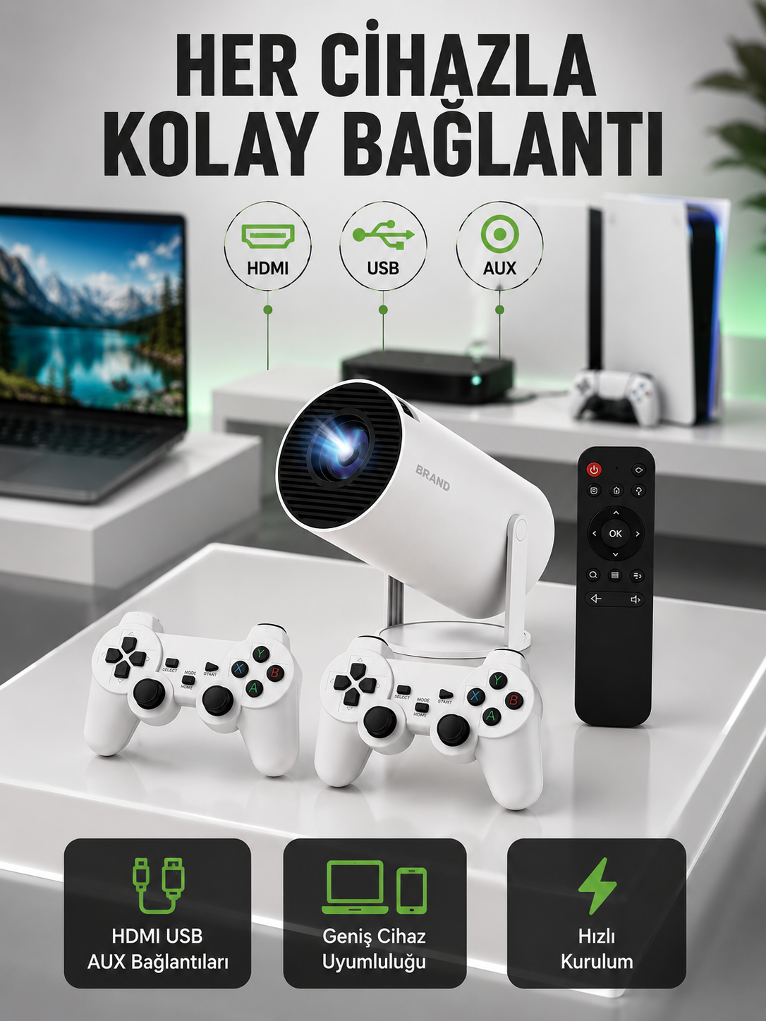 Portatif 4K Projeksiyon – 4.000 Uygulama, Kablosuz Yansıtma ve Bluetooth 5.0 Yeni Nesil
