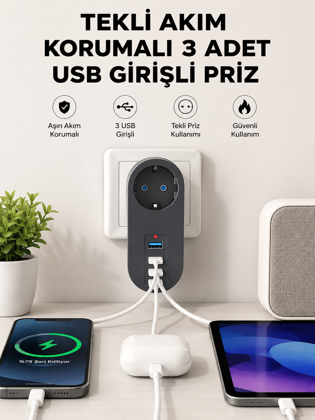 Isıya Dayanıklı 3 USB Portlu Güvenlikli Priz – Akıllı Enerji Yönetimi