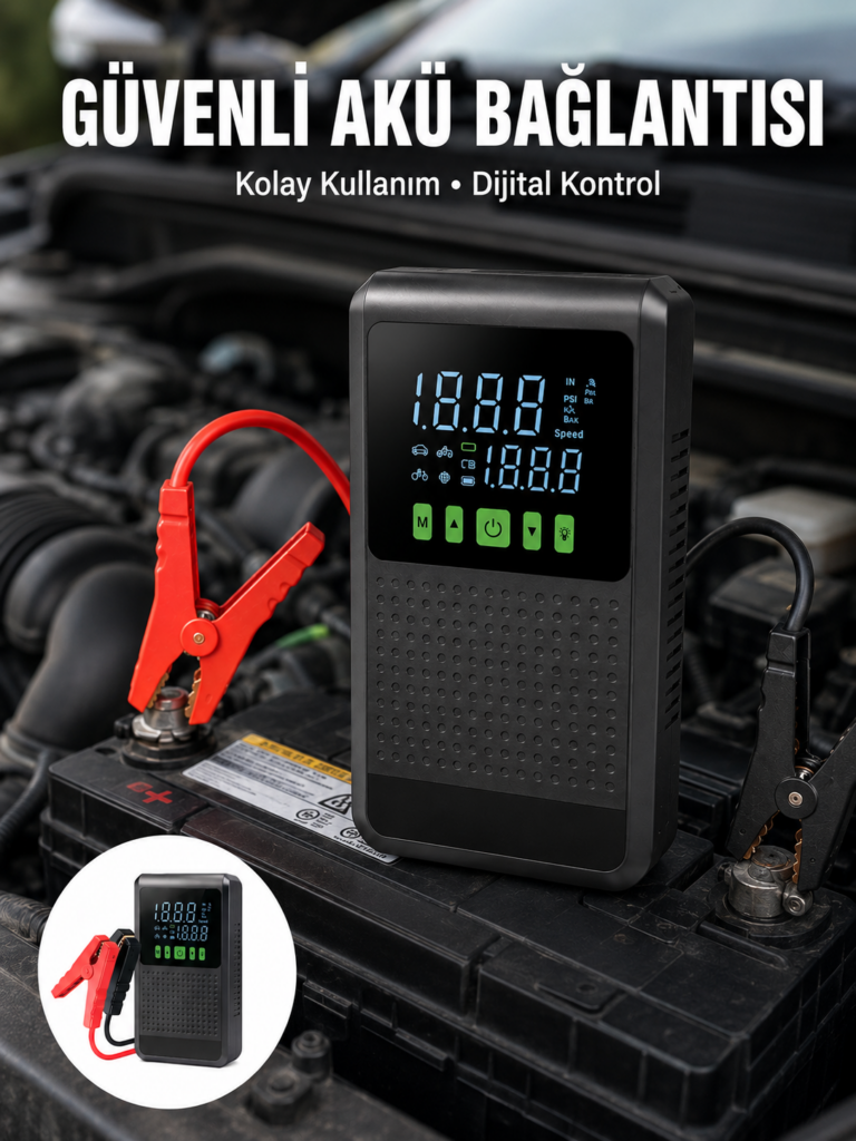 12.000 mAh Şarjlı Araç Akü Takviye ve Işıklı Hava Kompresörü Yeni Nesil