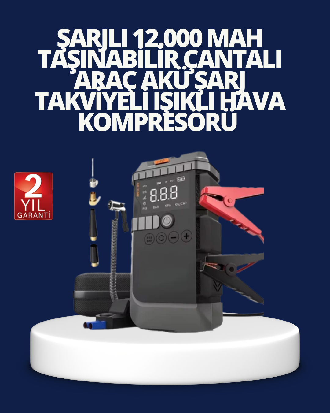 Şarjlı 12000 mAh Araç Akü Takviye ve Hava Kompresörü 4’ü 1 Arada