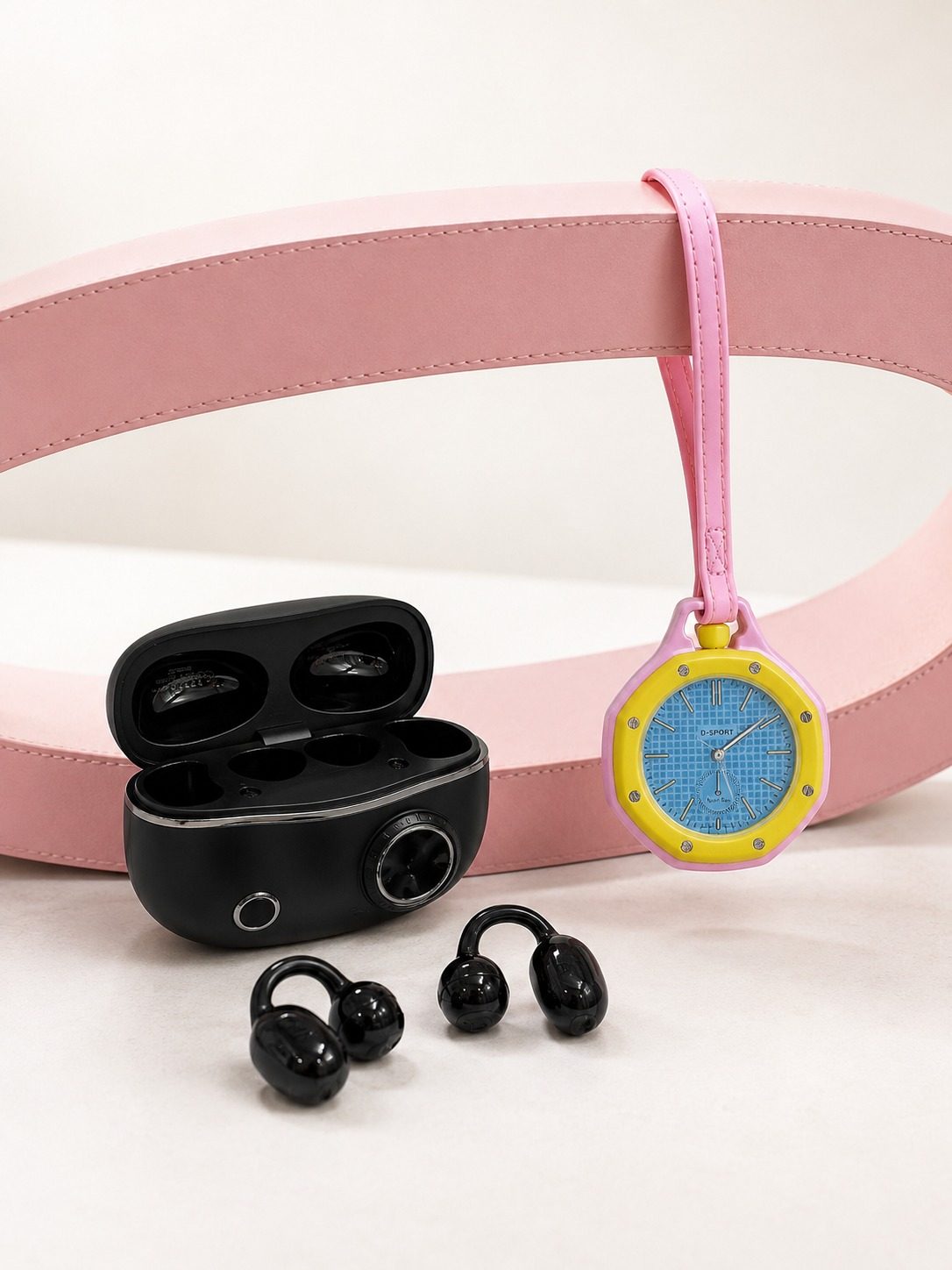 Kablosuz Kulaklık Seti ve Pembe Askılı Analog Charm Saat Günlük Kullanım Kampanyası