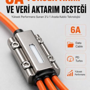 120W Hızlı Şarj Destekli 3'ü 1 Arada Çok Amaçlı Şarj ve Veri Aktarım Kablosu