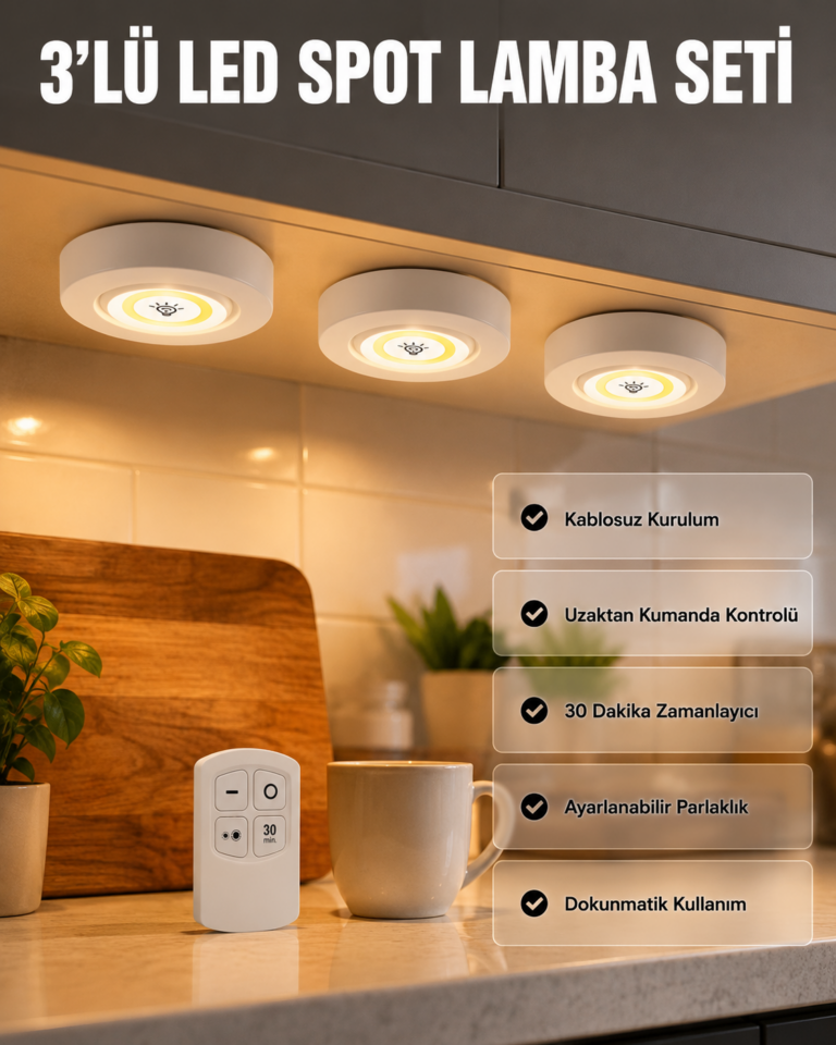 Kablosuz 3 Lü Spot Led Lamba Seti Uzaktan Kumandalı Enerji Tasarruflu Aydınlatma