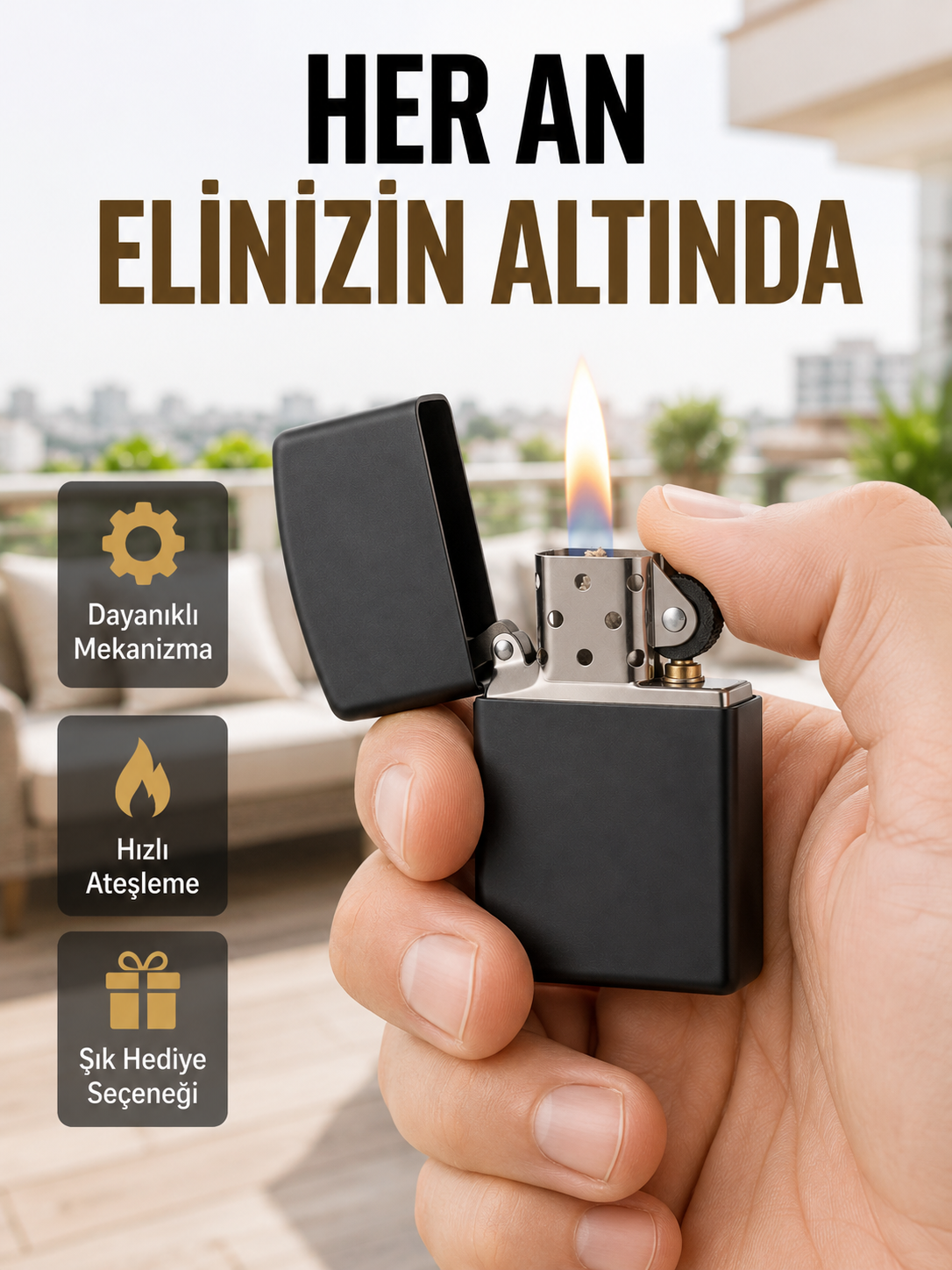 Metal Gövdeli Tasarım Çakmak Mat Yüzeyli ve Ergonomik Tutma Özellikli
