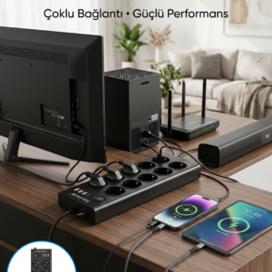 10 Prizli USB Destekli Çoklu Priz Type-C Şarj Girişli Güvenli Güç Ünitesi