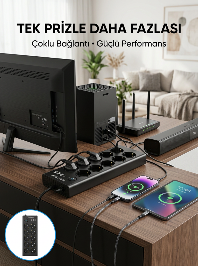 10 Prizli USB Destekli Çoklu Priz Type-C Şarj Girişli Güvenli Güç Ünitesi