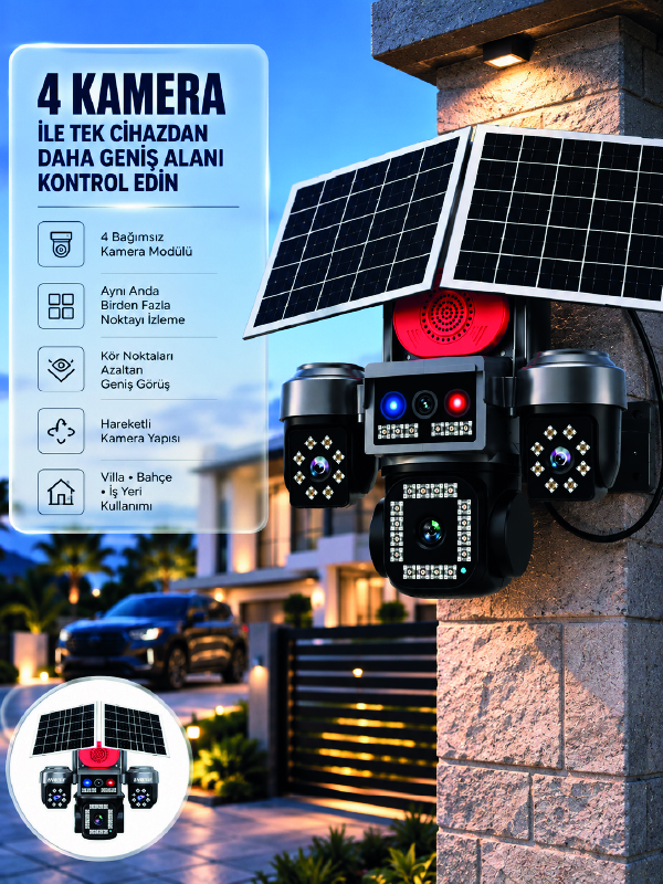 SIM Kart Destekli 4 Kameralı Akıllı Dış Mekan Güvenlik Kamerası
