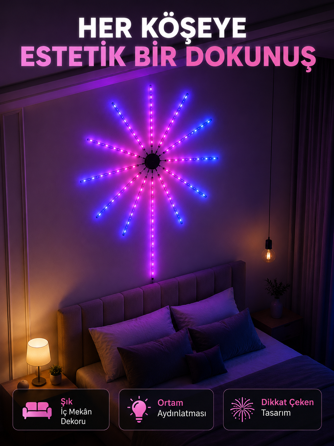 Telefon Kontrollü RGB Fireworks LED Işık Çok Renkli Dekoratif Duvar Lambası