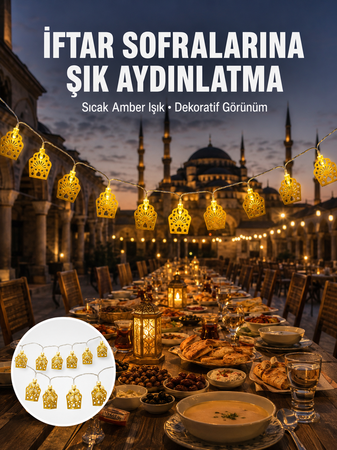 Dekoratif Ramazan LED Işık Pilli Cami Tasarımlı Zincir Aydınlatma Yeni Nesil
